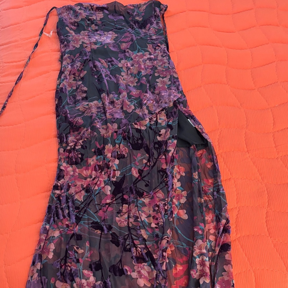Showpo Asymmetrical Floral Dress in Purple and Black